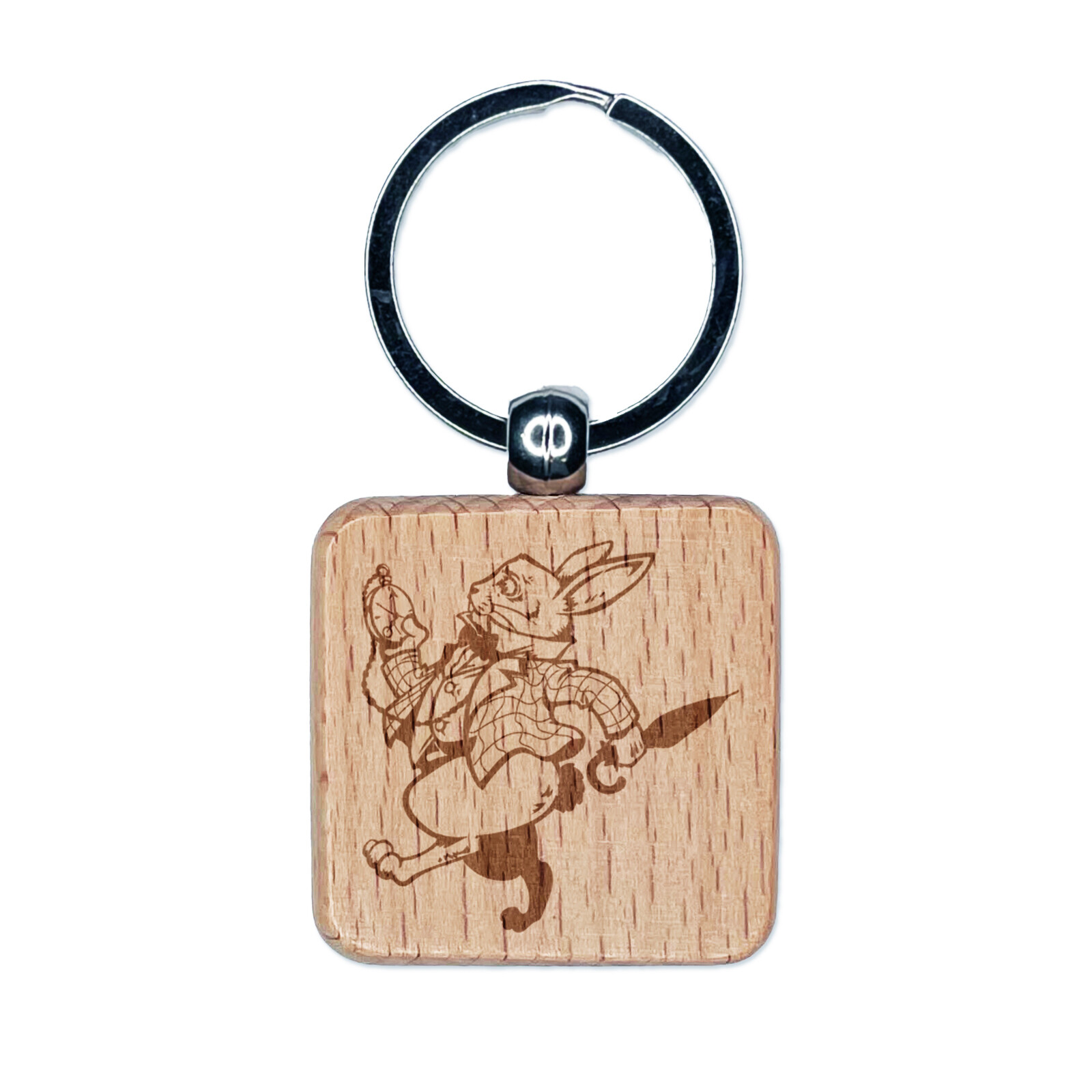 White Rabbit Pocket Watch Wonderland Engraved Wood Square Keychain Tag Charm