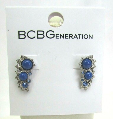 BCBGeneration Silver Tone Crescent Blue Stone Earrings NEW 41562