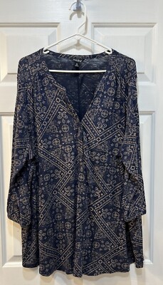 Lucky Brand Flowy Tunic Top Sixe 3X Western Outdoors V-Neck Bohemian Geometric