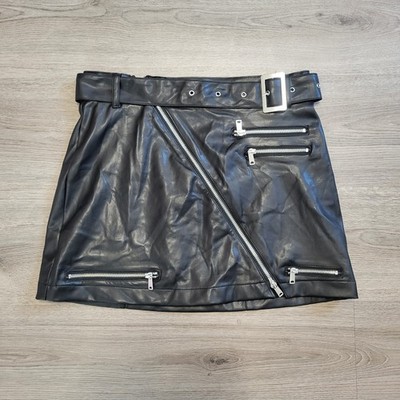 Ashley Classics Black Faux Leather Moto Mini Skirt Zipper Belted Women's Medium