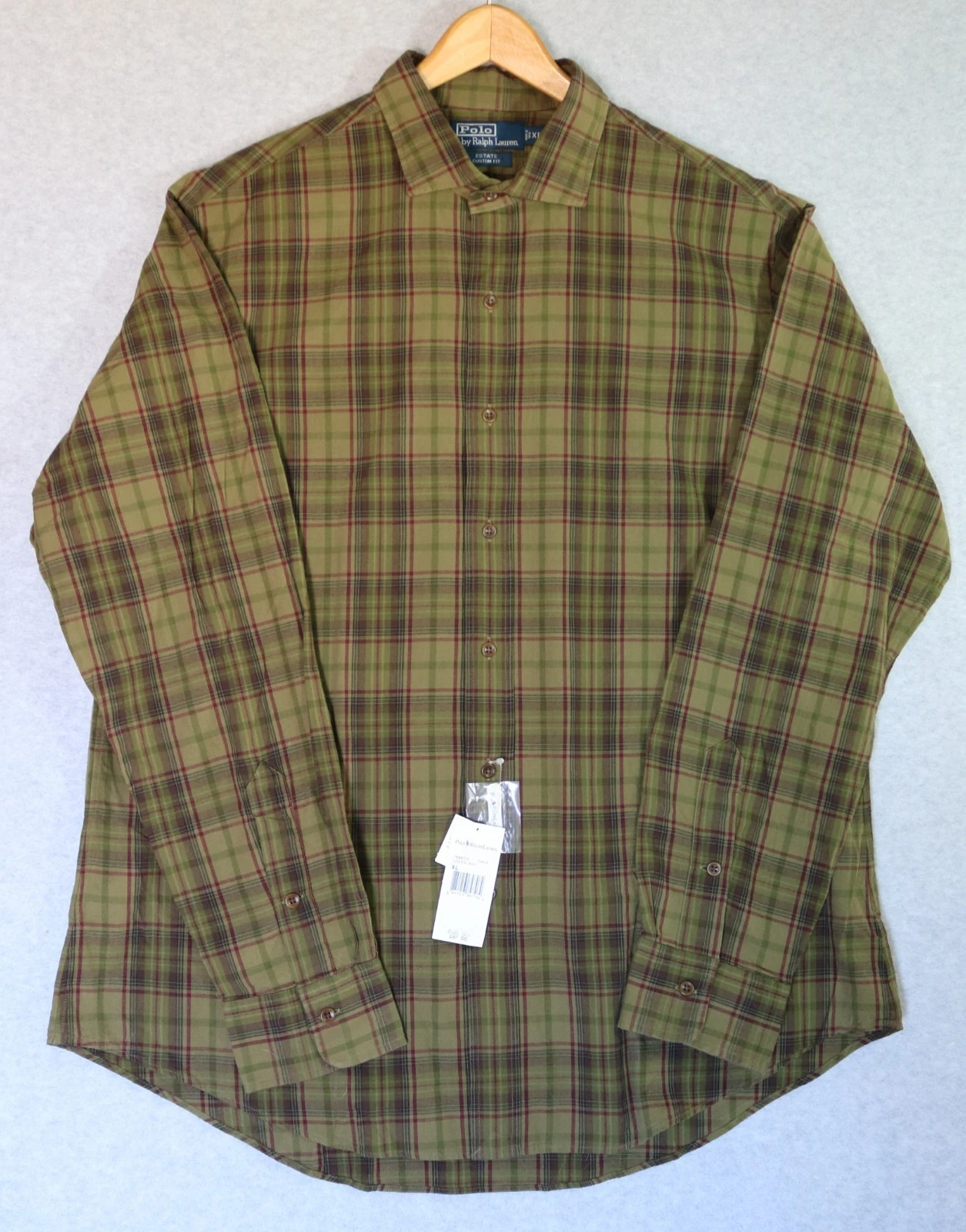 POLO Ralph Lauren Men’s XL L/S Estate Custom Fit Shirt Green Plaid Cotton NOS