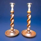 ANTIQUE BARLEY TWIST OAK CANDLESTICKS PAIR CHROME HOLDERS COTTAGECORE