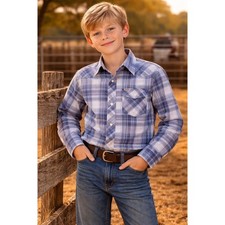 VTG Wrangler blue pastel plaid long sleeve pearl snap western shirt 12 pearly