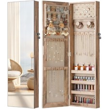 Compact Lockable Jewelry Organizer with Full-Length Mirror in Oak Finish