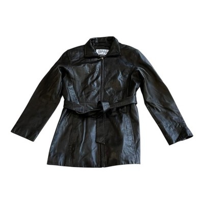 Pelle Studio Wilsons Leather Trench Coat Womens Large Black Belted Mid Length