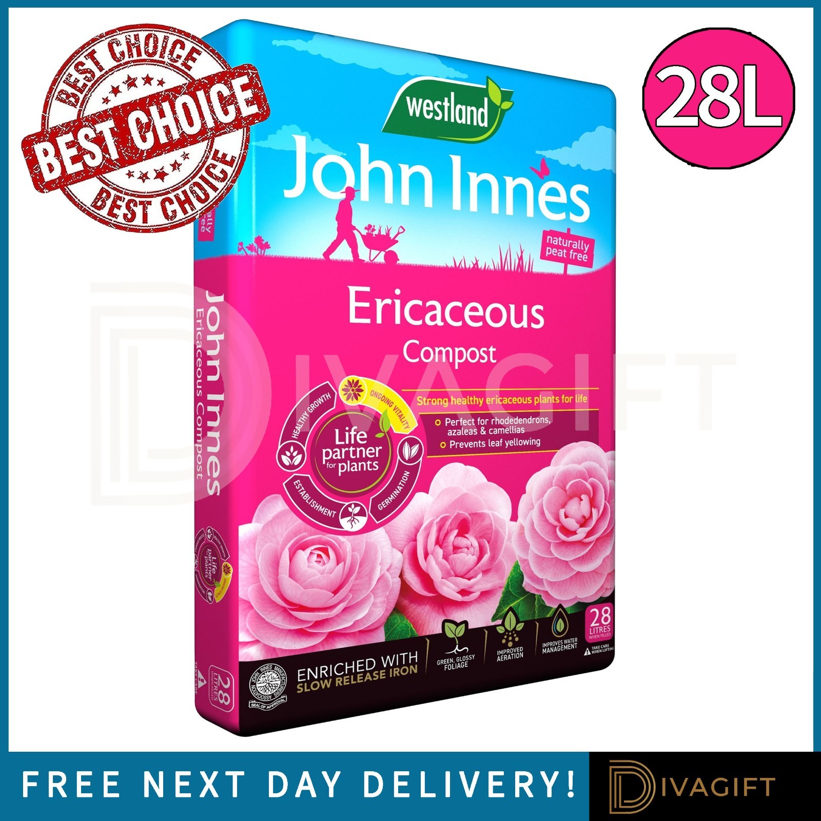 WESTLAND ERICACEOUS COMPOST 28L WITH JOHN INNES PEAT FREE FOR AZALEAS CAMELLIAS