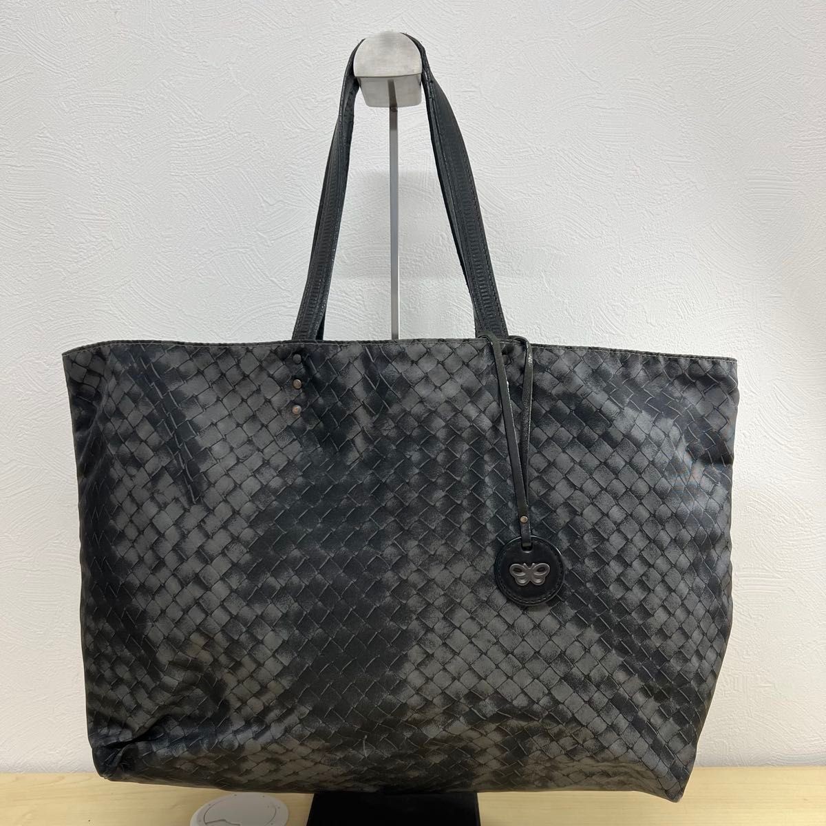 Rare BOTTEGA VENETA Intrecciato Nylon Leather Tote Bag Black 25×43×9cm Japan