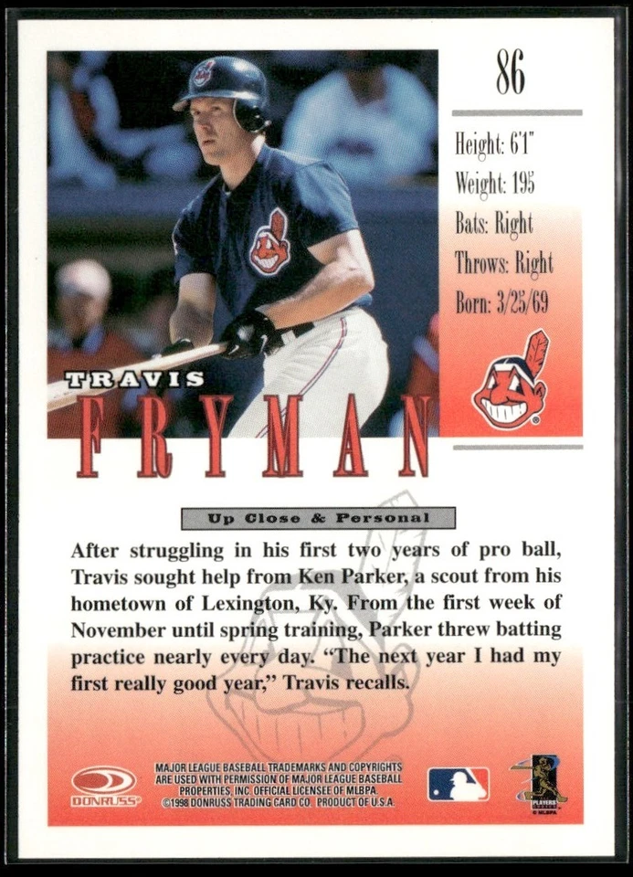 1998 DONRUSS STUDIO TRAVIS FRYMAN CLEVELAND INDIANS #86 - Image 2 of 3
