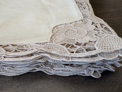 Vintage Handmade Linen Napkins Point de Venise Lace Battenburg - Set of 6