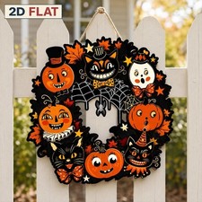 Halloween Wooden Wreath, Vintage Pumpkin Ghost Cat Door Hanger, Retro Fall Porch