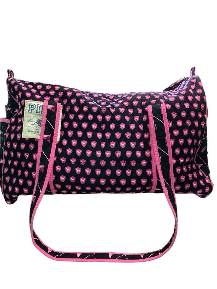 Victoria's Secret PINK Vintage Monogram Dog Quilted Duffel Bag Blue & Pink Y2K - Image 3 of 4