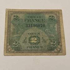 1944 French 2 Franc Note Military Issue WWII Banknote