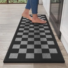 Kitchen Mats For Floor Non Slip Washable Woven Runner Black Gray Checkered
