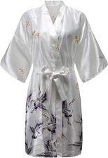 Women Satin Floral Kimono Robe Short Silk Bridesmaid Wedding Dressing Gown