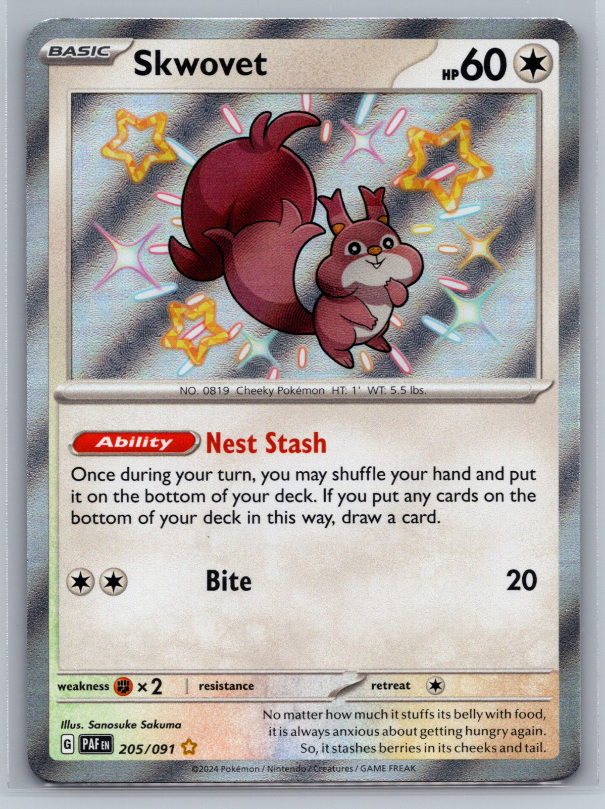 Pokémon TCG, Scarlet & Violet, Paldean Fates Skwovet 205/091 Rare Shiny NM