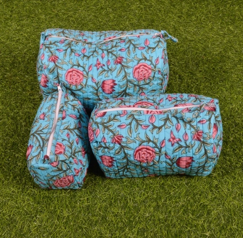 Indian Floral Printed Cotton Quilted Toiletry Purse Cosmetic Storage Bag Of 3 PC