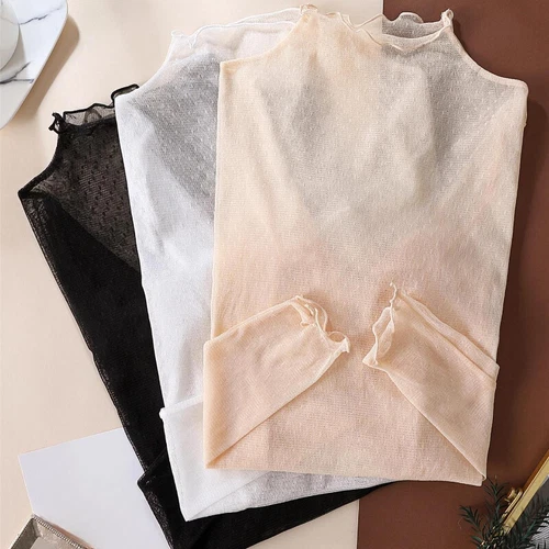 Damen transparentes Netz T-Shirt Bluse Langarm schmal Pullover Stehkragen Tops Shirt - Bild 1 von 17