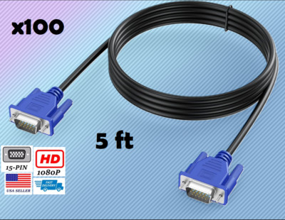 Lot of 100 VGA to VGA Cable 5ft 1080p HD Male to Male Monitor Laptop PC Computer