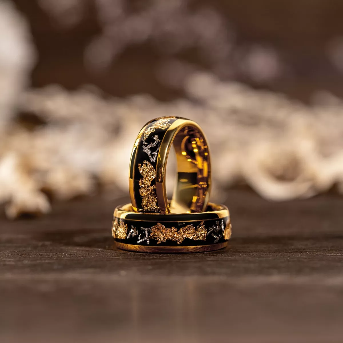 Meteorite Crushed Gold Leaf Flake Ring Mens Wedding Band Solid Tungsten Men  Ring | eBay