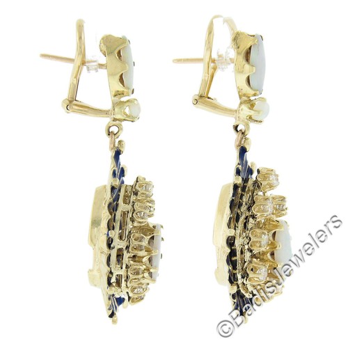 Vintage Mid Century 14k Gold Opal Diamond Blue Enamel Work Drop Dangle Earrings - Picture 5 of 5