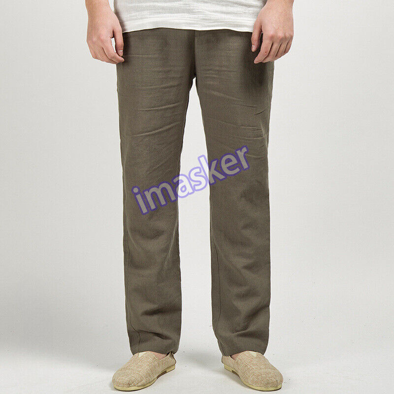Retro Chinese Linen Cotton Mens Straight Casual Long Trousers