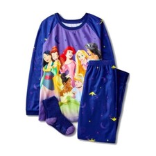 Disney Princess Girl's Brushed Flannel Blue Pajama with Socks Set