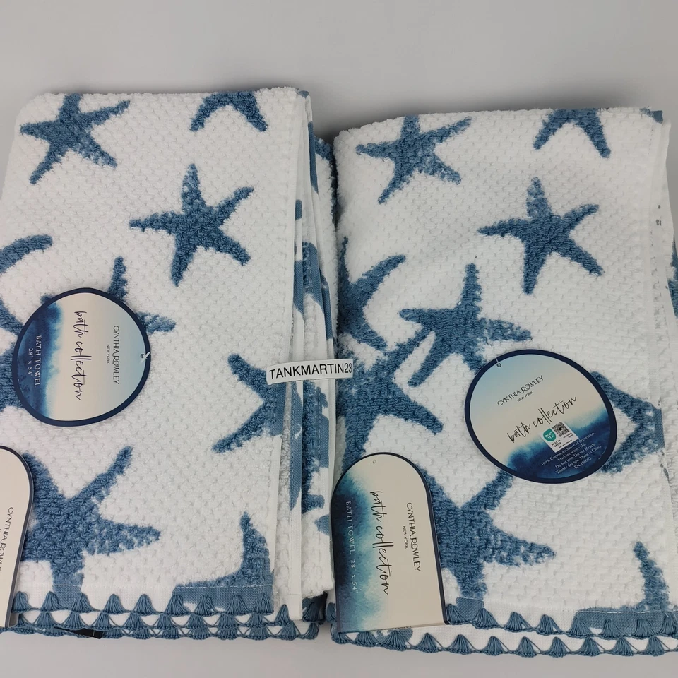 6 Set Cynthia Rowley 2 Bath & 2 Hand & 2 Tip Towels Starfish Coastal White Blue - Image 2 of 4