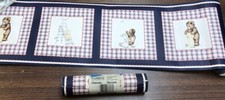 Teddy Bear  Bunnies Playful Wallpaper Boarder Plaid Check Navy Blue White Red