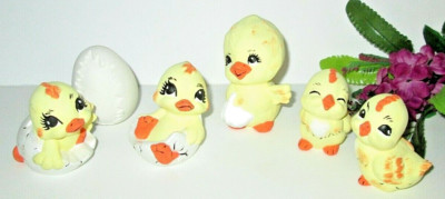 Lot of  6 Yellow Baby Chicks & Eggs Bisque Ceramic Easter Figurine Farm Decor