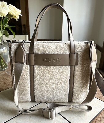 DKNY Oaklyn MD Tote Cream Sherpa Bag Purse Adjustable Strap MSRP $158 HTF 