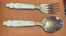 vtg antique PUSS AND BOOTS STAINLESS STEEL PLASTIC FORK SPOON TODDLER CHILD KID