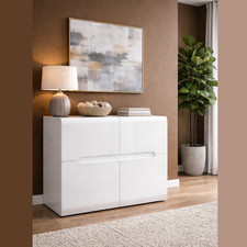 Sideboard Cabinet White Gloss Storage Square Small Modern Unit 4 Door Azteca