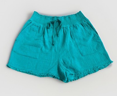 Hem & Thread Womens Sz L Teal Frayed Hem Gauze Elastic Waist Shorts With Pockets