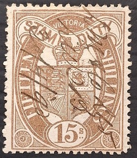 1885 Victoria Australia 15/ Prp brn Stamp Duty P12.5 WMk V/crn Sways used£130