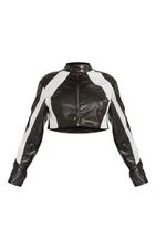 Women’s Trending Racing Biker Leather Jacket Cropped Black & White Zip up Jacket
