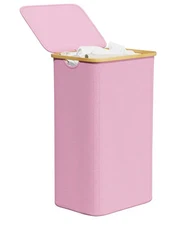 Laundry Hamper with Lid features Bamboo Handle, Pink - SpaceAid