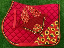 SUN FLOWER ENGLISH SADDLE PAD SET FLY VEIL HORSE EAR NET BONNET STUNNER SPORTS