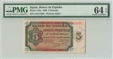 Spain 5 Pesetas 1938 P-110a PMG 64 EPQ
