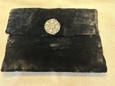 Vintage Black Velvet Clutch Evening Purse with Beautiful brooch , sewn on.