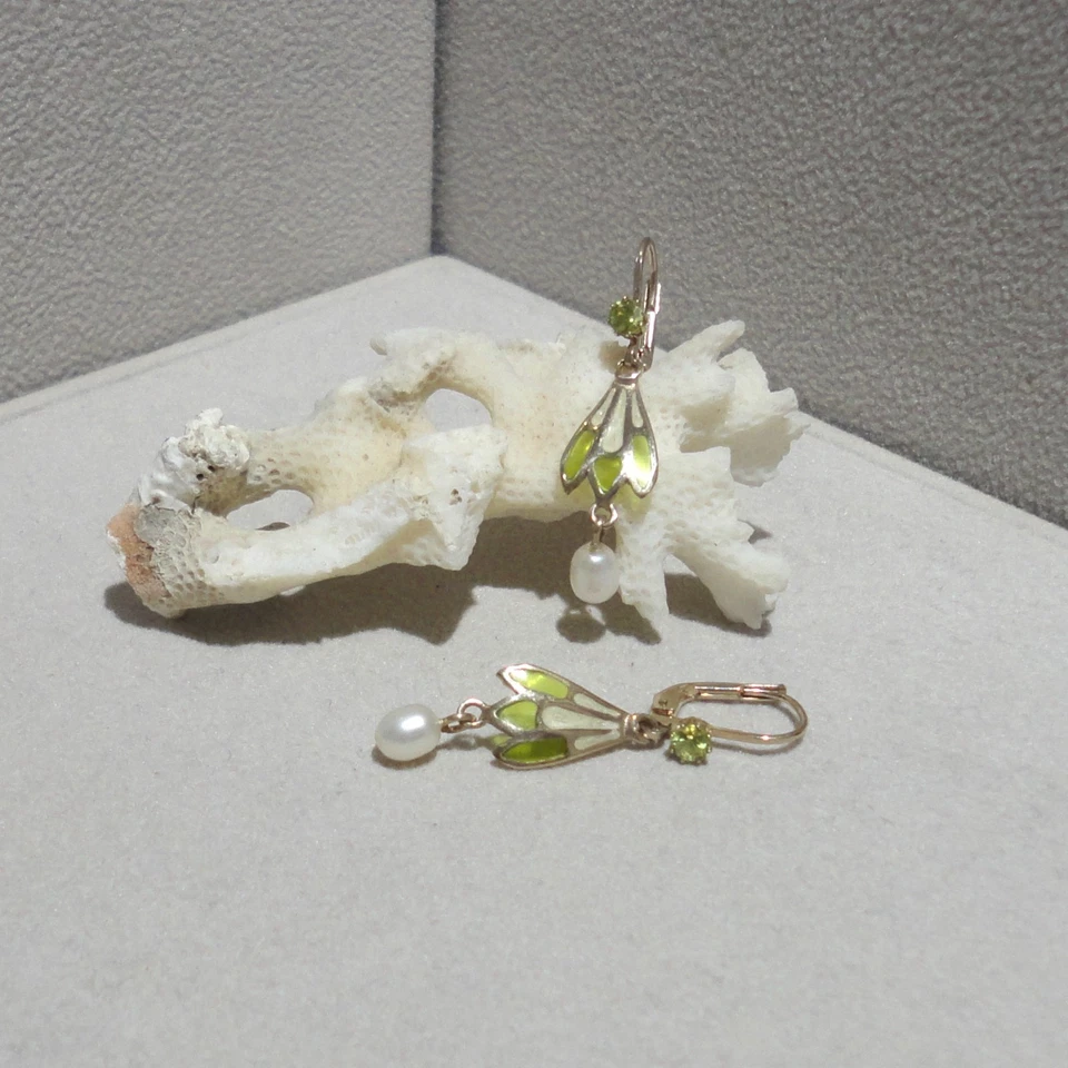 Jugendstil Schmuck Peridot Ohrringe Perle Emaille Silber 925/- gelb vergoldet - Bild 4 von 4
