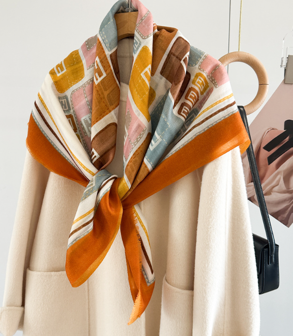 100% Wool Square Scarf Orange Horsebit Print 200X100cm Shawl Bandanna Wrap new