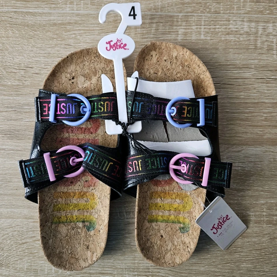 Sandalias Justice Girls Talla 4 Arco Iris Sin Cordones con Plantilla de Corcho Zapatos Nuevas con Etiquetas Foto 2 de 3