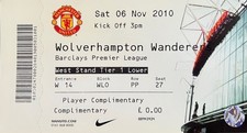 MANCHESTER UNITED V WOLVES-06/11/10-Barclays Premier League Ticket-Player Issue.
