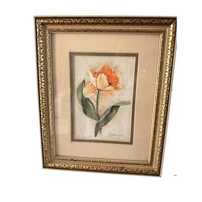 Peggy Abrams Vintage Framed Tulip Art Prints Set 2 Gold Red Orange Wood Glass