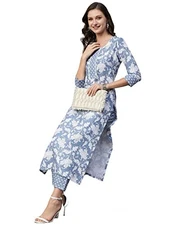 GoSriKi Women's Cotton Blend Printed Straight Kurta with Pant (Pustak-GS)