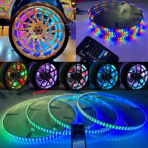 4 pcs 17.5" Chasing & RGB Double Row LED Wheel Ring Light Bluetooth +Remote IP68