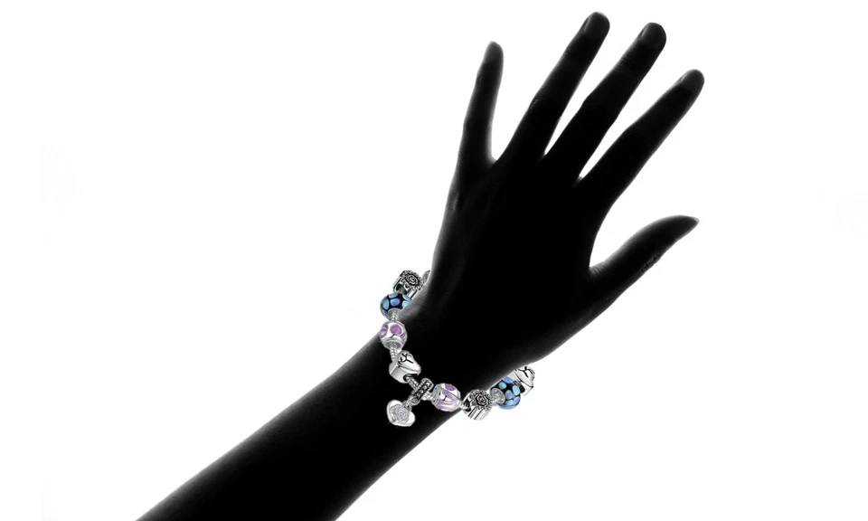 Pulseira de berloque folheada a ouro branco 18K coração CZ feita com elementos Swarovski  - Imagem 2 de 4