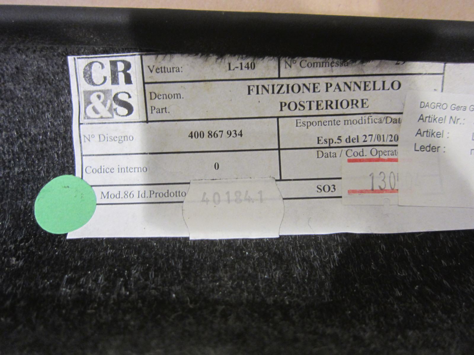 Lamborghini Gallardo  - Rear Glass Trim Panel Black - P/N 400868573A