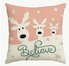 Reindeer BELIEVE Whimsical Christmas Throw Pillow Cover Winter Holiday Decor
