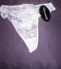 Vtg NWT Myonne Bikini Thong Size 1 Size Lace Hi-Cut White Nylon Silky USA Bridal
